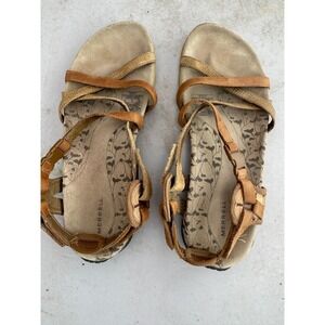 Merrell Terran Lattice Sandals Womens 8 Tan Brown Leather Strappy Athletic